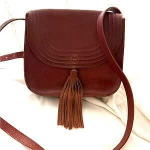 Lucky Bohemian Crossbody Saddle Bag Red/Brown Leather w/ Tassel 8 x 9 x 2.5 in.